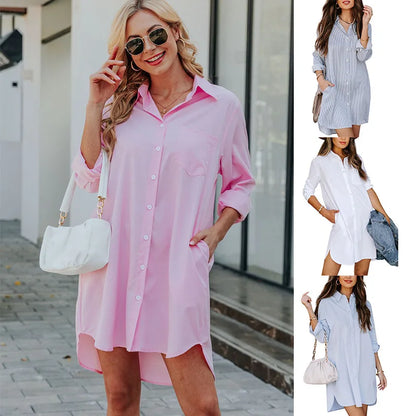 Dropshipping Women's Clothing Ladies Shirts New Long Solid Color Casual Women Temperament Long Sleeved Casual Loose Shirt Dress