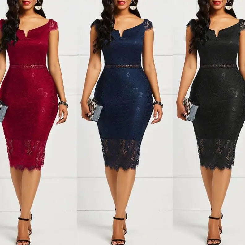 New Fashion Women Sleeveless Off Shoulder Back Zipper Lace Girls Solid Slim Pencil Casual Party Evening Dress