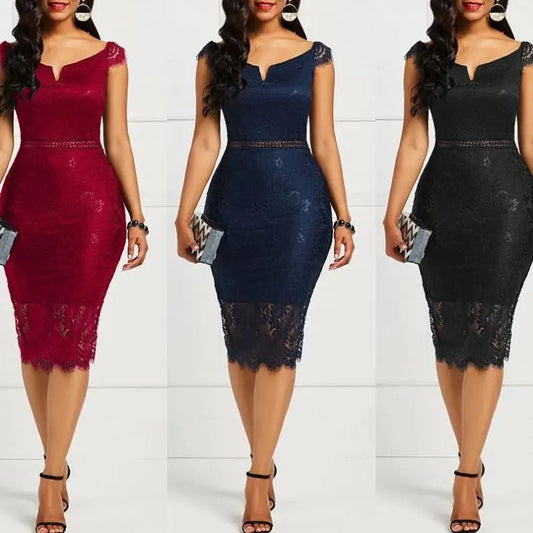 New Fashion Women Sleeveless Off Shoulder Back Zipper Lace Girls Solid Slim Pencil Casual Party Evening Dress