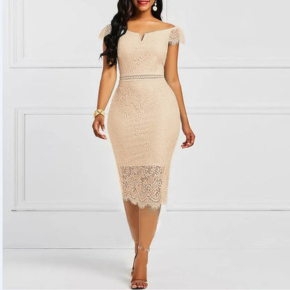 New Arrival Fashion Women Sleeveless Off Shoulder Back Zipper Lace Girls Solid Slim Pencil Casual Party Evening Dress