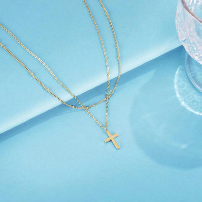 Simple Stainless Steel Cross Chain Clip Bead Necklace Stainless Steel Double Layer Cross Multi-Layer Necklace Women