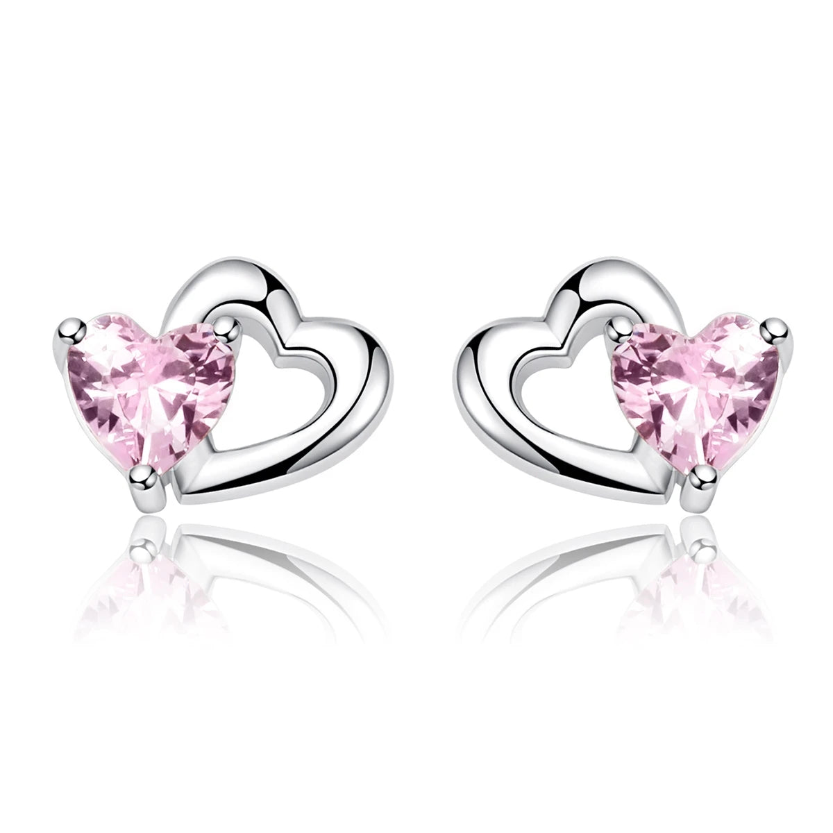 WOSTU Genuine 925 Sterling Silver Double Heart Shape Pink CZ  Romantic Stud Earrings For Women Wedding Jewelry Gift CQE090