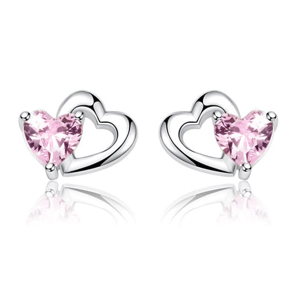 WOSTU Genuine 925 Sterling Silver Double Heart Shape Pink CZ  Romantic Stud Earrings For Women Wedding Jewelry Gift CQE090
