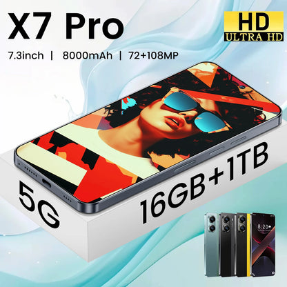 Real High Quality X7 Pro 16+1TB Smartphone Hot Selling 7.3 Inch Big Screen Cheap Android 14 Cellphones Smart Phones