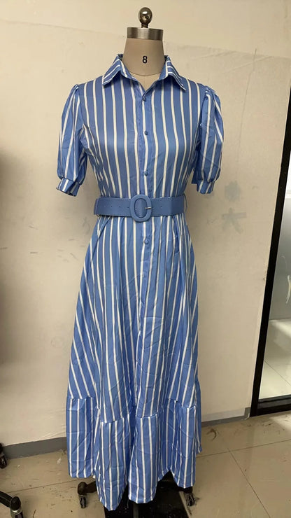 2025 European and American New Style Fashion Lapel Short Sleeved With Large Swing Whit Belt Long Dress