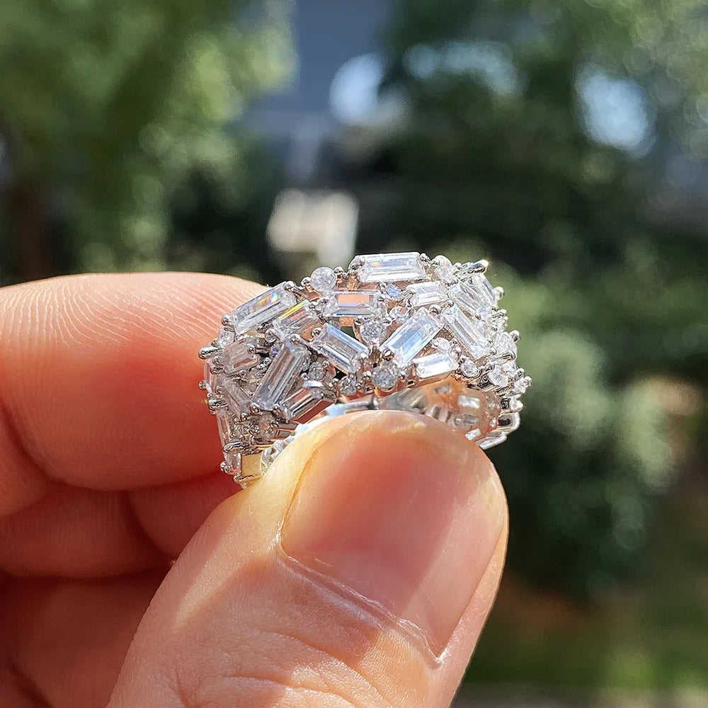 F618 Geometric Eternity Band Ring Women's Lab Created Cubic Zirconia Emerald Cut Channel Setting Wedding Fashion Ring