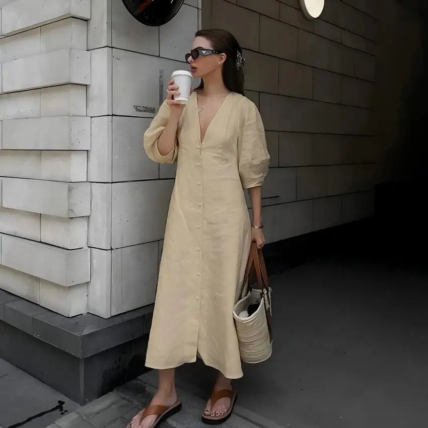 OOTN Ladies V-Neck Cotton Dresses Soft Summer 2023 Puff Sleeve Long Backless Button Dress Elegant Beige Women Linen Dress
