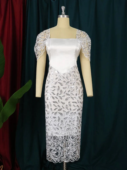 X8117 New Trends Square Neck Backless Split Dress Tulle Patchwork Elegant Women White Lace Evening Dresses