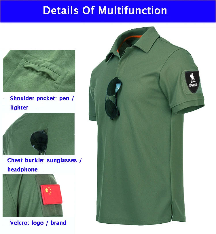 Mens Tactical Quick Dry Polo Shirt for Summer Outdoor Breathable Paintball Training T-shirt Solid 100% Polyester Camouflage Top