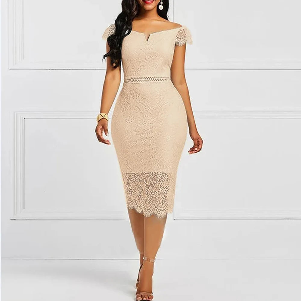 New Fashion Women Sleeveless Off Shoulder Back Zipper Lace Girls Solid Slim Pencil Casual Party Evening Dress