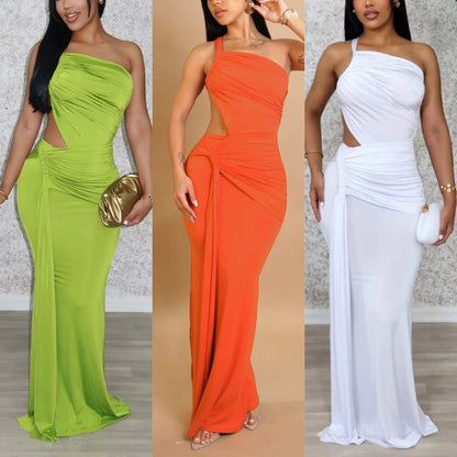 563 Chic Design Fashion Women Clothing One-shoulder Strapless Backless Dress Pleated Long Dress for Women