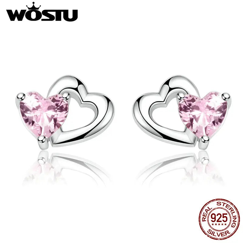 WOSTU Genuine 925 Sterling Silver Double Heart Shape Pink CZ  Romantic Stud Earrings For Women Wedding Jewelry Gift CQE090