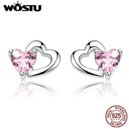 WOSTU Genuine 925 Sterling Silver Double Heart Shape Pink CZ  Romantic Stud Earrings For Women Wedding Jewelry Gift CQE090