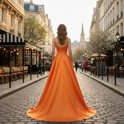 Serene Hill LA71847 Orange Satin A-Line Evening Gown with Front Slit Beaded Strapless Elegant Party Prom Dress for Women 2026