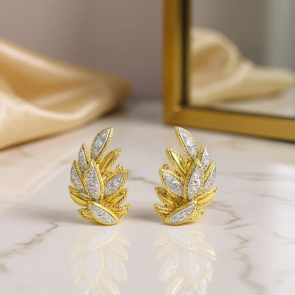 E2817 Gold Leaf Stud Earrings With Marquise Diamond Prong Setting For Women Luxury Party Jewelry