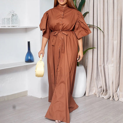 Flared Sleeve Single Breasted Belt Waist Cinching Loose Women's Standing Collar Dresses Fashion