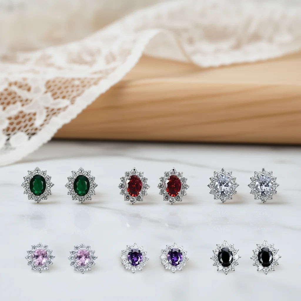 Silver Plated Oval Zircon Stud Earrings Flower Design Claw Setting for Women Party Jewelry Classic Style Zinc Alloy