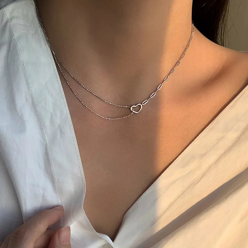 Silver Color Love Asymmetric Chain Necklace for Women Sweet Temperament Party Jewelry 925 Stamp Gifts Dropship