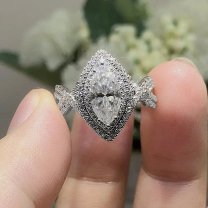 F970 Women's White Gold Diamond Ring Pear Cut Natural Diamond Engagement Ring D Color Halo Setting