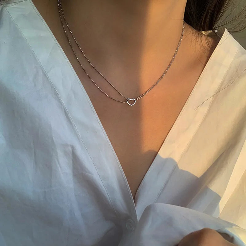 Silver Color Love Asymmetric Chain Necklace for Women Sweet Temperament Party Jewelry 925 Stamp Gifts Dropship