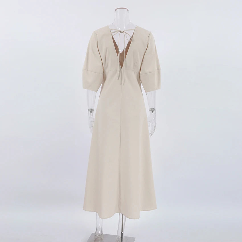 OOTN Ladies V-Neck Cotton Dresses Soft Summer 2023 Puff Sleeve Long Backless Button Dress Elegant Beige Women Linen Dress