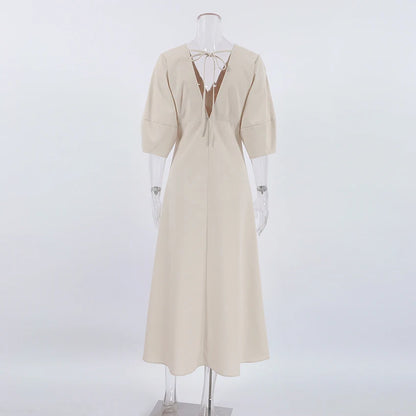 OOTN Ladies V-Neck Cotton Dresses Soft Summer 2023 Puff Sleeve Long Backless Button Dress Elegant Beige Women Linen Dress