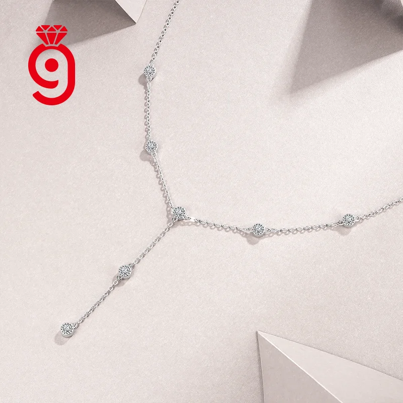 Y-Shaped Lariat 925 Sterling Silver Moissanite Station Necklace 3.0Mm Round Cut D Color VVS1 Pendant Necklace