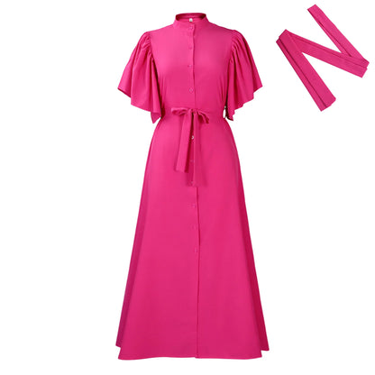 Flared Sleeve Single Breasted Belt Waist Cinching Loose Women's Standing Collar Dresses Fashion