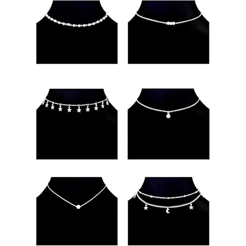 Silver Fashion Alloy Rice Bead Star Moon Geometric Collar Necklace Layering Simple Elegant Date Gift Gold Jewelry Accessories