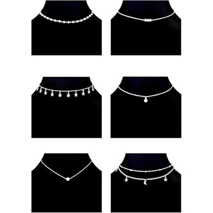 Silver Fashion Alloy Rice Bead Star Moon Geometric Collar Necklace Layering Simple Elegant Date Gift Gold Jewelry Accessories