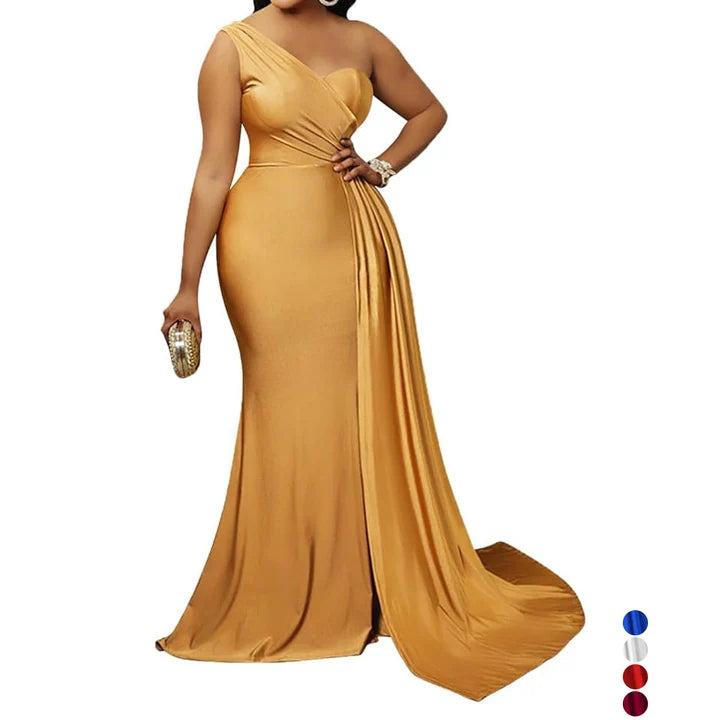 S2953L  Personalize Fashion Ruffled Slash Neck Golden Long Dress Light Formal Dress High-waisted Mermaid Slim Slit Evening Dress