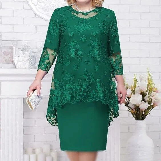 New Women's Lace Embroidery Coverall Inner Dresses Plus Size 2 Piece Set Sehe Fashion