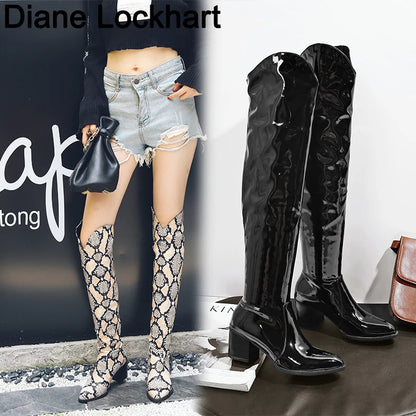 2025 New High Quality Over The Knee Boots Woman Long Boot Snake Print Women winter footwear sexy Winter Patent Leather botas 39