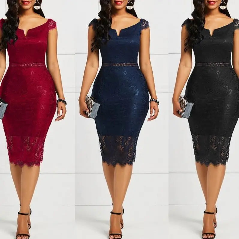 New Fashion Women Sleeveless Off Shoulder Back Zipper Lace Girls Solid Slim Pencil Casual Party Evening Dress