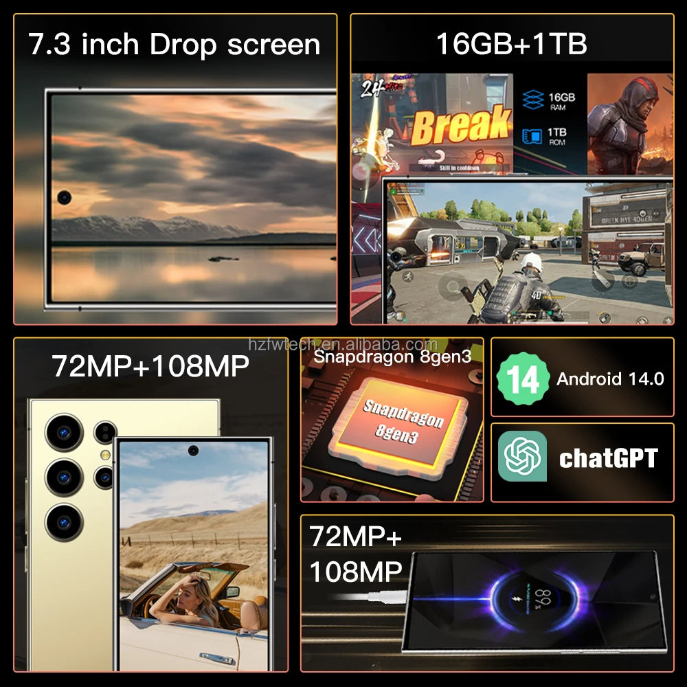Best Selling S24 Ultra 5G Smartphone 7-Inch Version with Dual SIM Android14 CDMA Cellular 4G/5G Mobile Phones