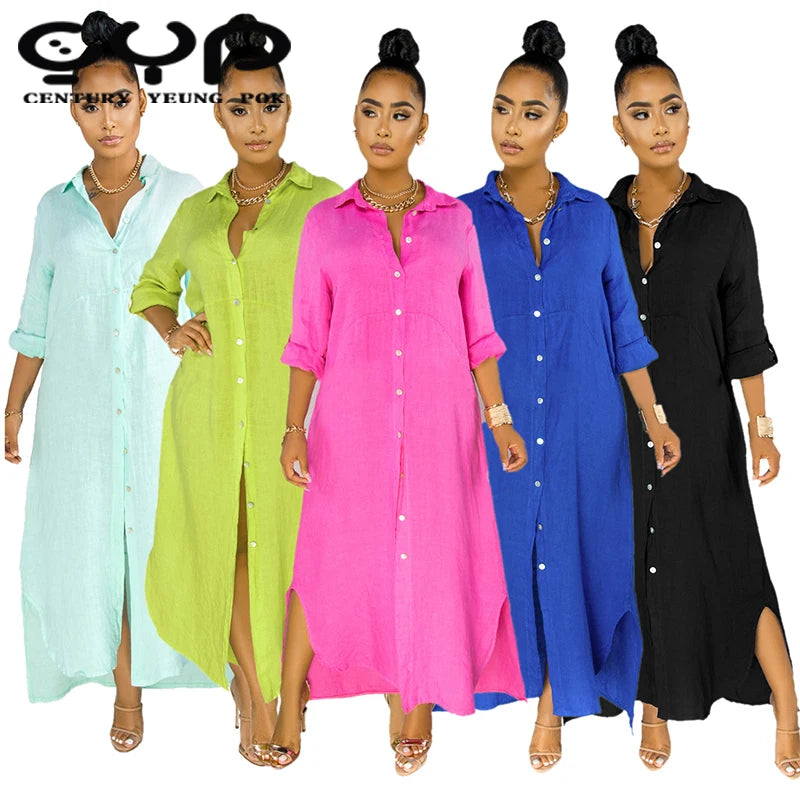 YP Hot Selling Casual Woman Long Dress Fall Fashion Printed Shirt Dress for Women Woven Eco-Friendly Button Decorated Washable