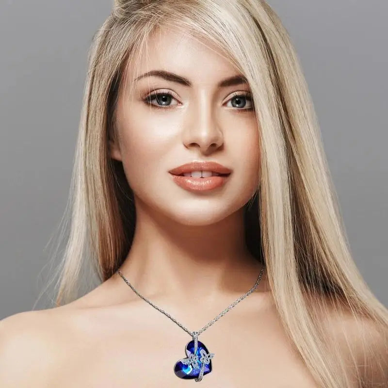 Heart Pendant Necklace for Women Exquisite Jewelry Blue Crystal Forever Love Charm Valentine's Day Gift