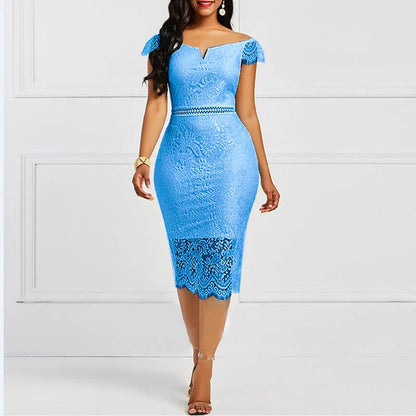 S-3XL Short Sleeve Lace Lace Dress V-neck Wrapped Hip Dress  Evening Dresses