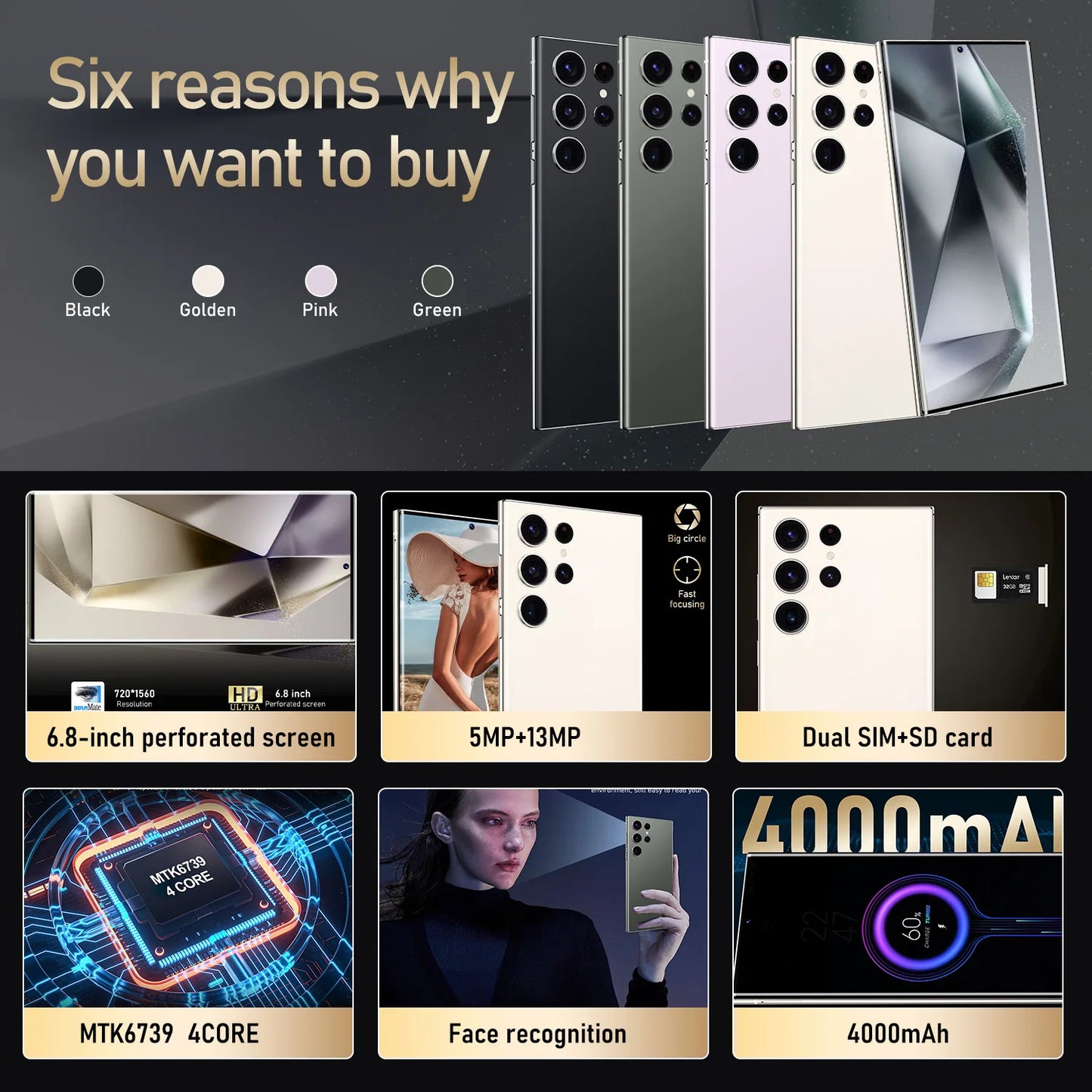 6.8-inch S24 Ultra 3GB+64GB Smartphone 6.8inch Phone Wholesale Telephone Face Recognition Fingerprint Android 12 4+64GB