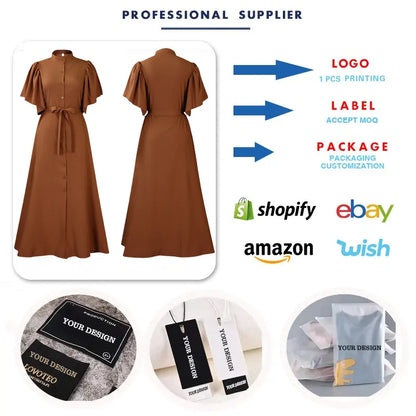 D3270 Trendy Elegant Loose Summer Dress for Women Flare Sleeves Single Breasted Long Dresses Women Casual Ladies Maxi Dress
