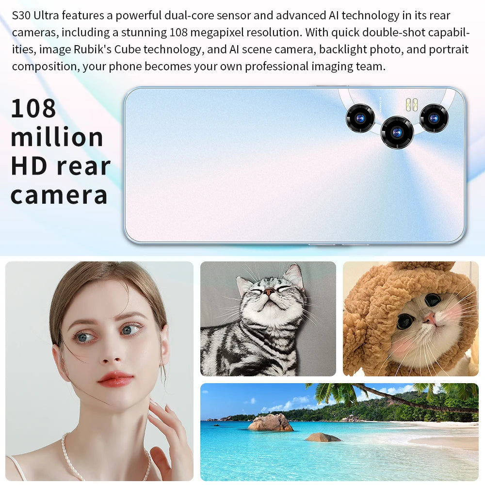 Celular NETWORK Full Display S30 Ultra 16GB+1TB 7.3 Inch Android 13 Cheap Phones for Mobile Smart Phone