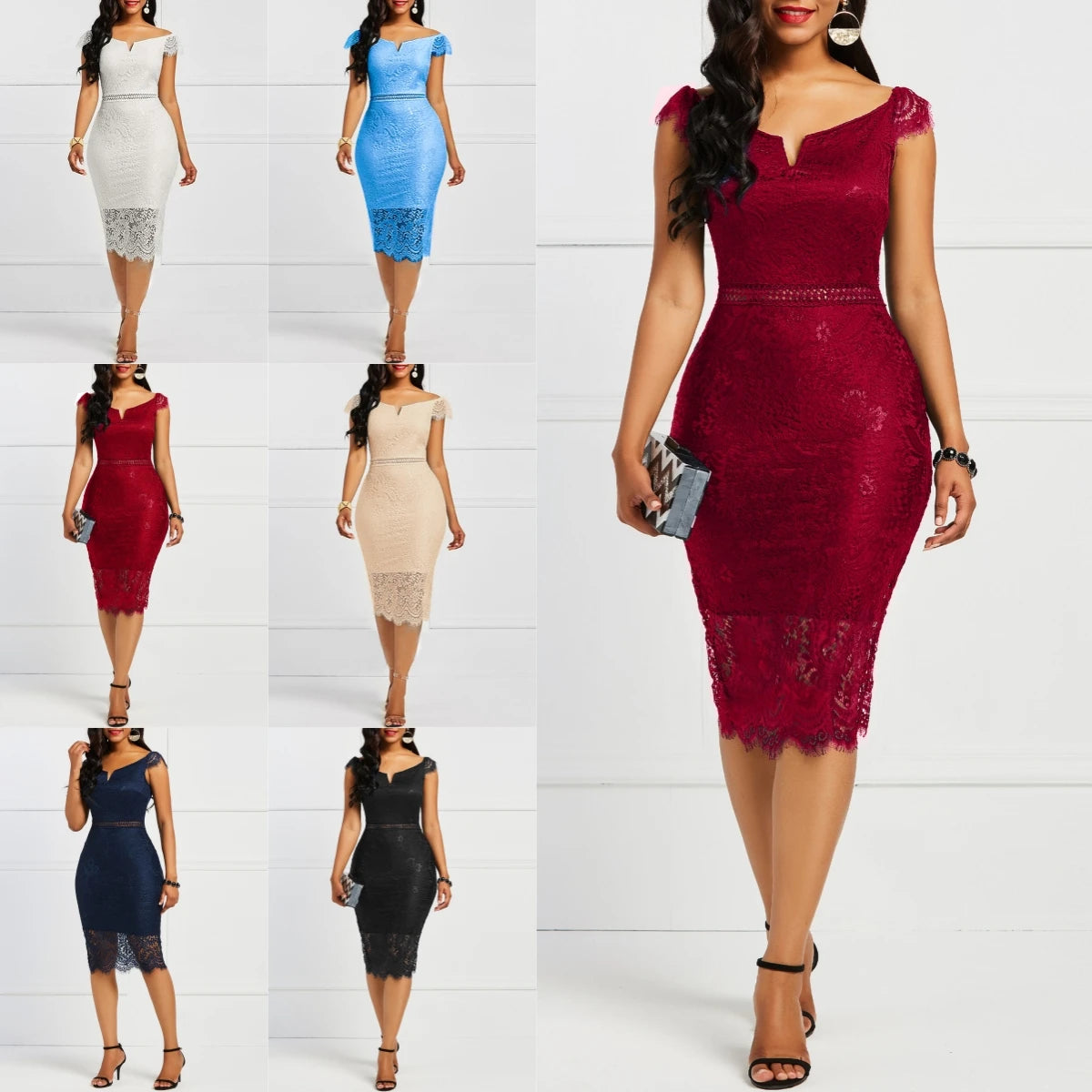 New Arrival Fashion Women Sleeveless Off Shoulder Back Zipper Lace Girls Solid Slim Pencil Casual Party Evening Dress