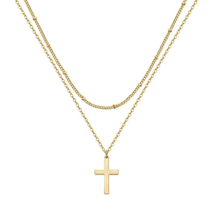 Simple Stainless Steel Cross Chain Clip Bead Necklace Stainless Steel Double Layer Cross Multi-Layer Necklace Women