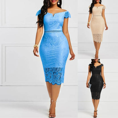 New Arrival Fashion Women Sleeveless Off Shoulder Back Zipper Lace Girls Solid Slim Pencil Casual Party Evening Dress