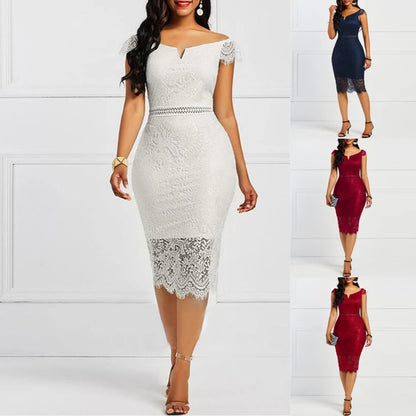New Arrival Fashion Women Sleeveless Off Shoulder Back Zipper Lace Girls Solid Slim Pencil Casual Party Evening Dress