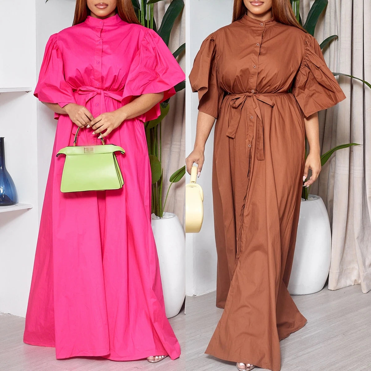 D3270 Trendy Elegant Loose Summer Dress for Women Flare Sleeves Single Breasted Long Dresses Women Casual Ladies Maxi Dress