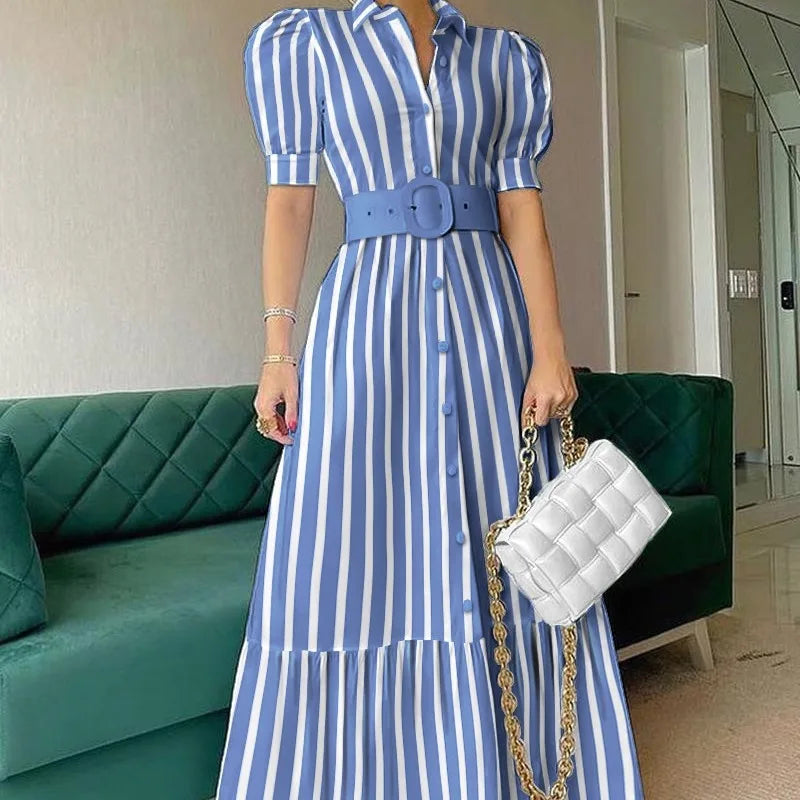 2025 European and American New Style Fashion Lapel Short Sleeved With Large Swing Whit Belt Long Dress