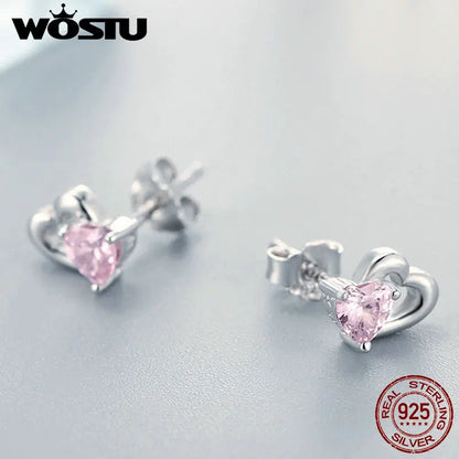 WOSTU Genuine 925 Sterling Silver Double Heart Shape Pink CZ  Romantic Stud Earrings For Women Wedding Jewelry Gift CQE090