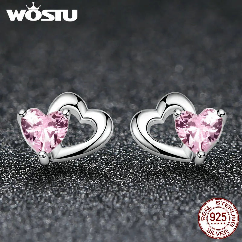 WOSTU Genuine 925 Sterling Silver Double Heart Shape Pink CZ  Romantic Stud Earrings For Women Wedding Jewelry Gift CQE090