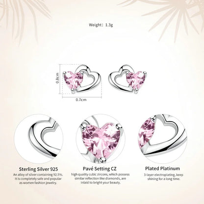 WOSTU Genuine 925 Sterling Silver Double Heart Shape Pink CZ  Romantic Stud Earrings For Women Wedding Jewelry Gift CQE090